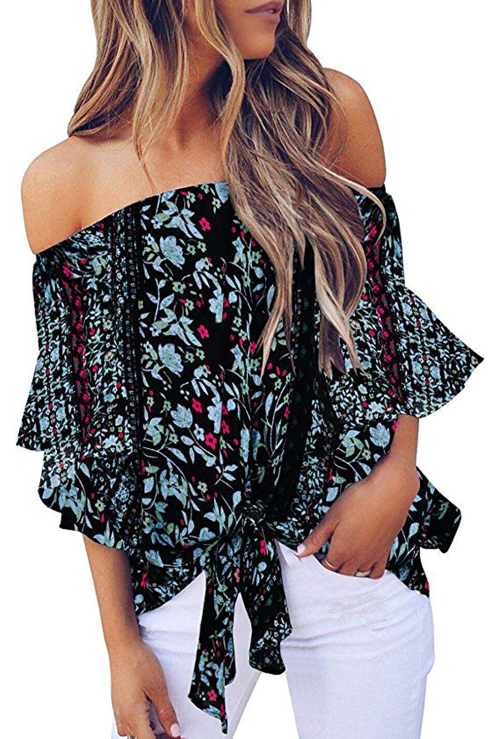 $ 19.99 - Asvivid Womens Floral Off the Shoulder Tops 3 4 Flare Sleeve ...